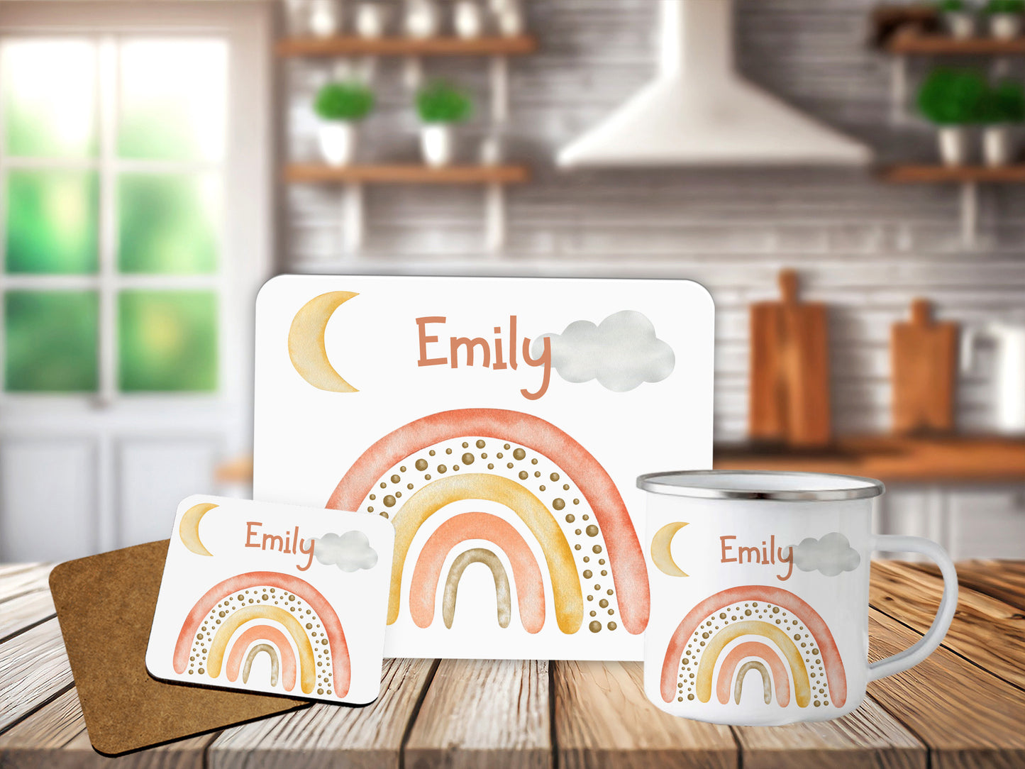 Personalised Pink Rainbow Placemat Coaster Mug Kids Gift Set