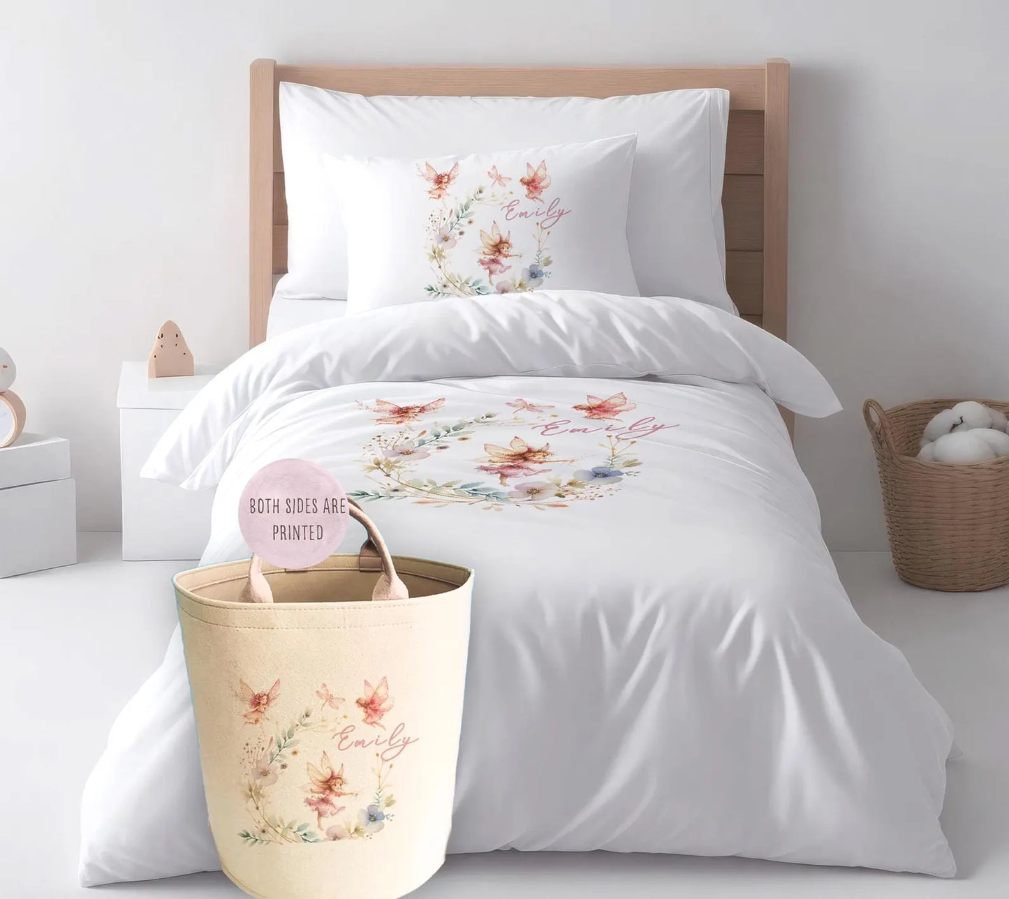 Personalised Fairy Garden Bedding & Toy Basket Set - Custom Name Enchanted Forest Duvet Cover - Whimsical Girls Bedroom Decor Bundle