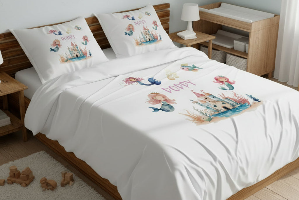 Personalised Mermaid Bedding Set - Custom Name Under the Sea Girls Duvet Cover & Pillowcase - Watercolour Mermaid Castle Bedroom Decor