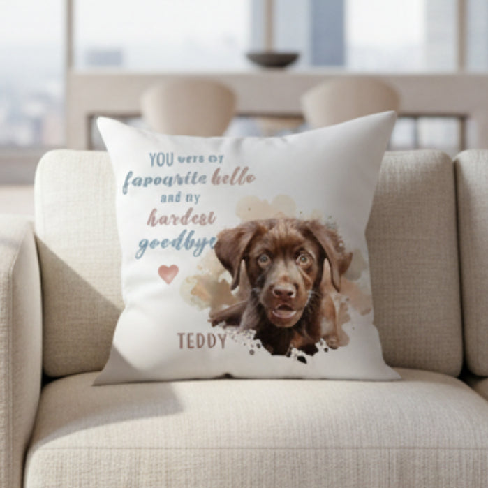 Personalised Pet Memorial Cushion & Photo Pillow - Custom Dog Portrait Remembrance Gift - Favourite Hello Hardest Goodbye
