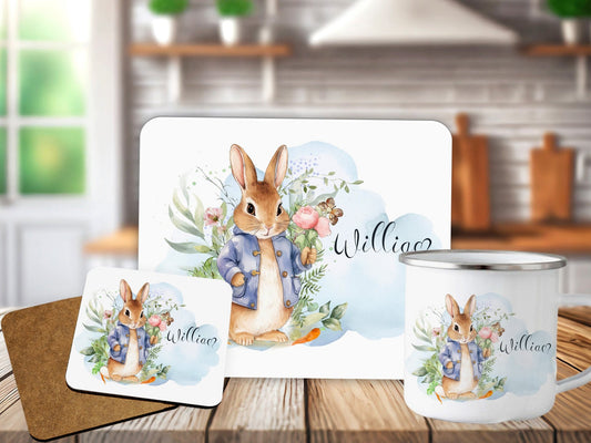 Floral Blue Bunny Personalised Placemat Coaster Toddler Dinner Set