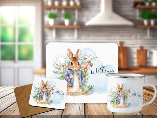 Floral Blue Bunny Personalised Placemat Coaster Toddler Dinner Set