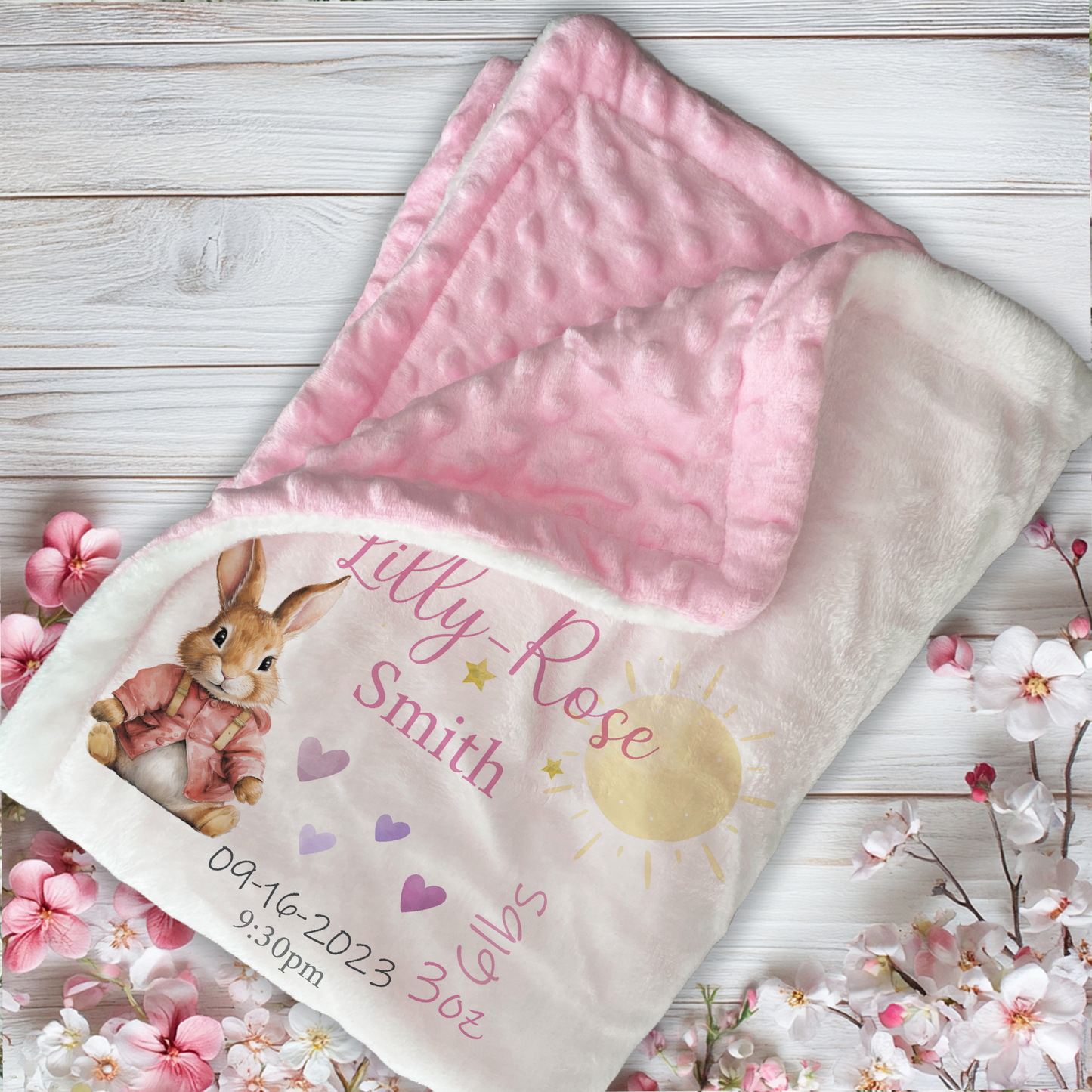 Pink Bunny Birth - Personalised Baby Blanket Set