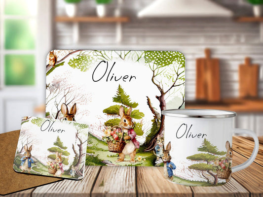 Personalised Forest Rabbit Placemat Coaster Mug Kids Gift Set