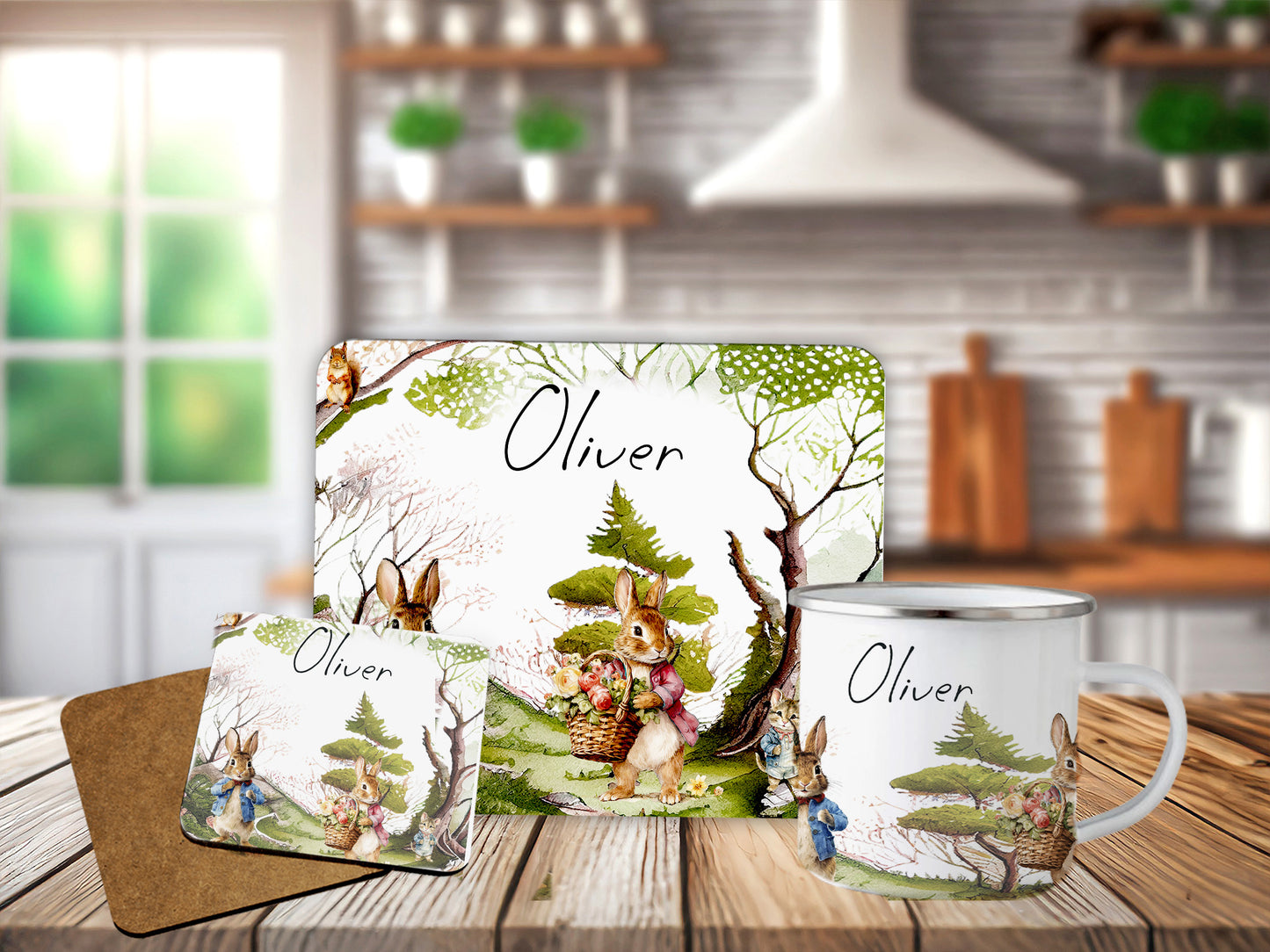 Personalised Forest Rabbit Placemat Coaster Mug Kids Gift Set