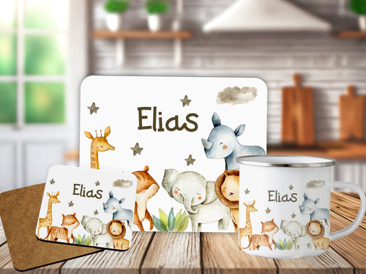 Personalised  Neutral Design Placemat Coaster Mug Kids Gift Set