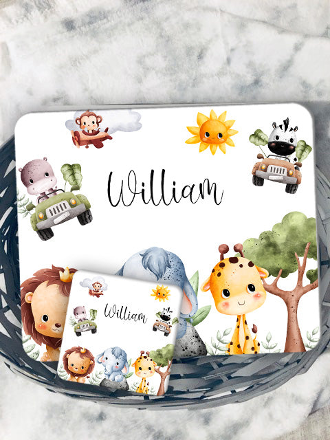 Personalised Jungle Animals Kids Placemat Coaster Mug Gift Set