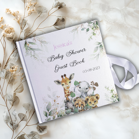 Eucalyptus Safari Animals Personalised Baby Shower Guestbook with Ribbon