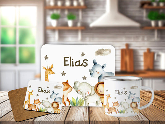 Personalised  Neutral Design Placemat Coaster Mug Kids Gift Set