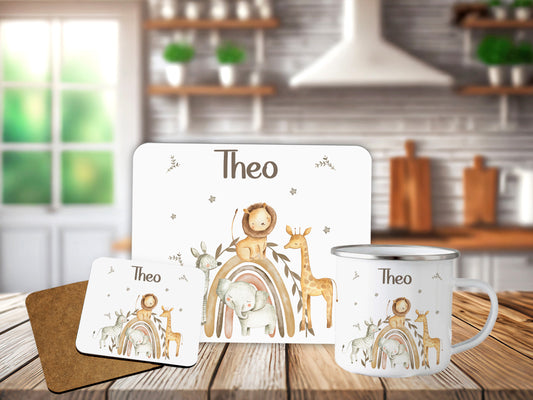 Personalised Beige Rainbow  Safari Placemat Coaster Mug Kids Gift Set