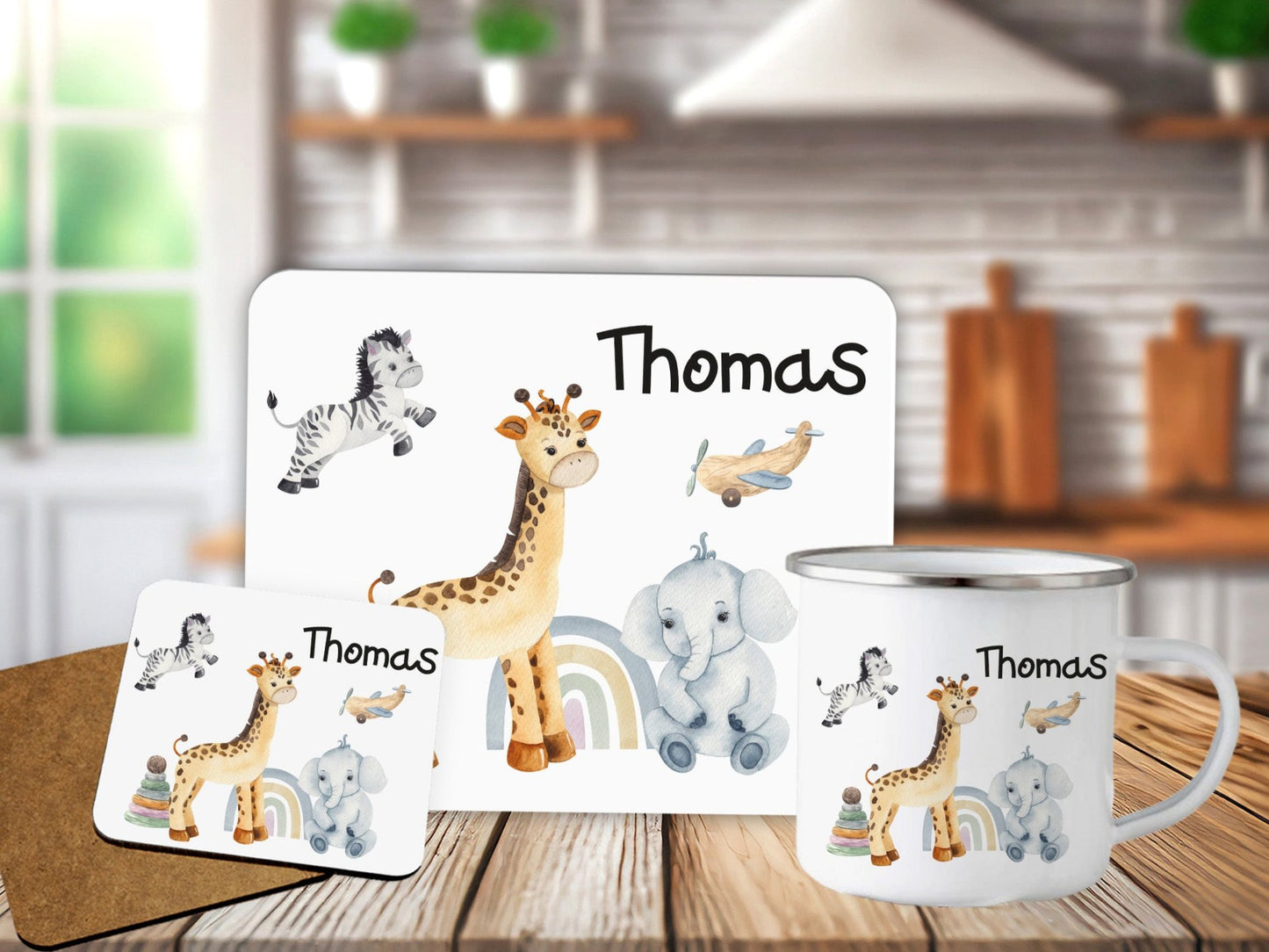 Personalised Safari Animals Placemat Coaster Mug Gift Set