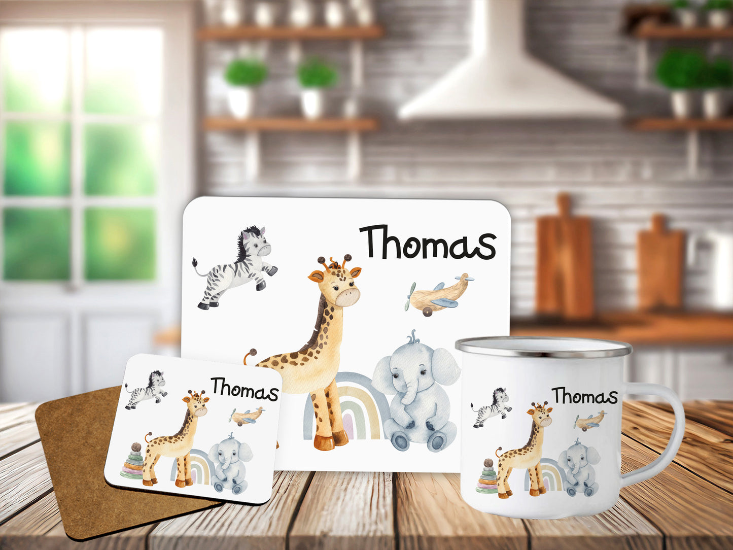 Personalised Safari Animals Placemat Coaster Mug Gift Set