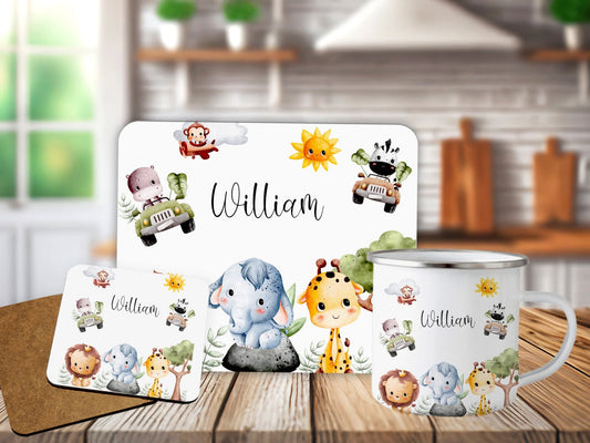 Personalised Jungle Animals Kids Placemat Coaster Mug Gift Set