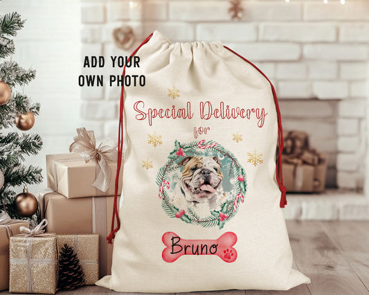 Special Delivery for Dog Add Your Own Photo Personalised Santa Sack
