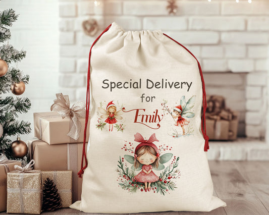 Personalised Special Delivery Fairy Festive Santa Bag