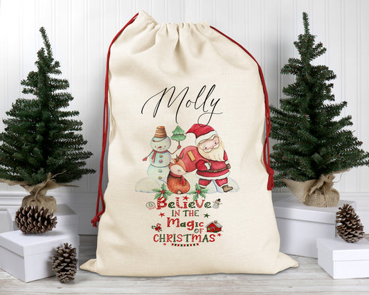 Believe In The Magic of Christmas Snowman Personalised Santa Sack