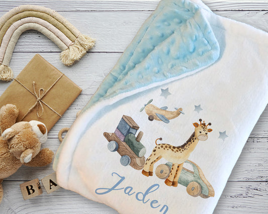 Aeroplane Giraffe Print Personalised Baby Blanket Set