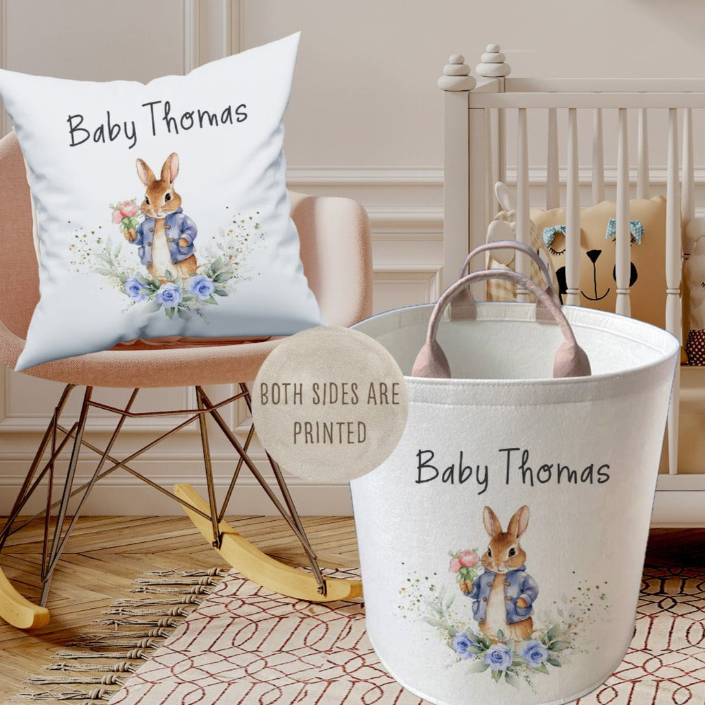 Personalised Kids Blue Bunny Design Large Toy basket Gift Set With Cushion