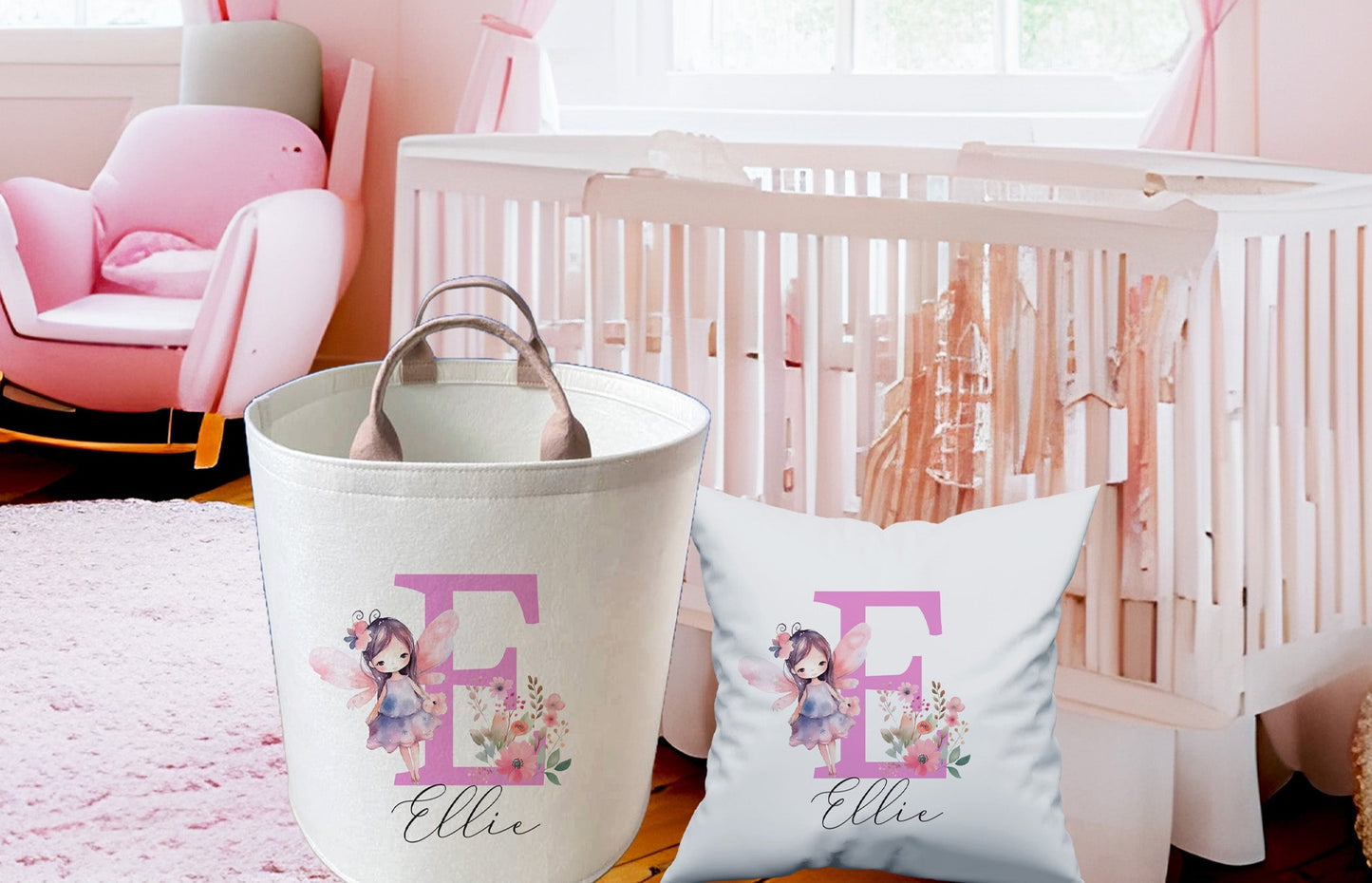 Personalised Fairy Print Large Toy basket Gift Set With Cushion