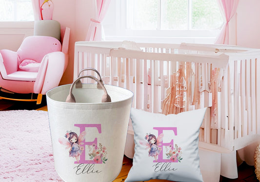 Personalised Fairy Print Large Toy basket Gift Set With Cushion