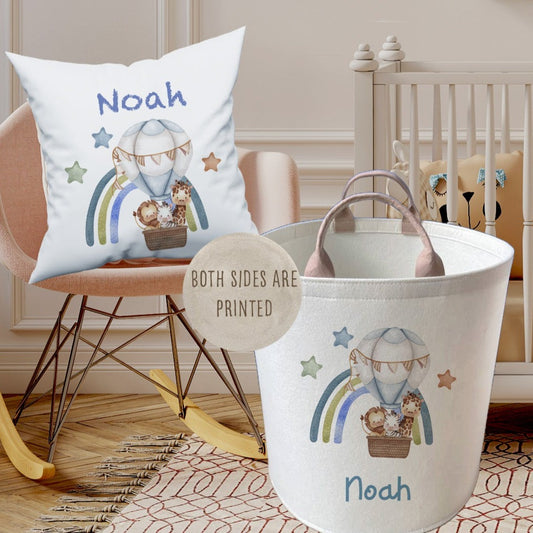 Personalised Kids safari Hot Air Balloon Design Large Toy basket Gift Set With Cushion