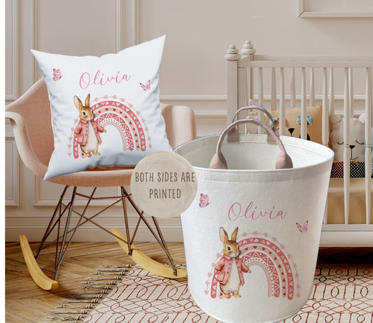 Personalised Pink Bunny Large Toy basket Gift Set With Cushion