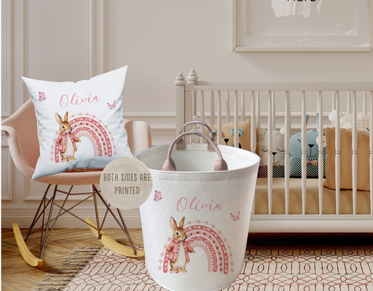 Personalised Pink Bunny Large Toy basket Gift Set With Cushion