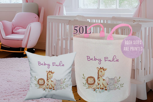 Personalised Pink Girls Safari Toy basket Gift Set With Cushion