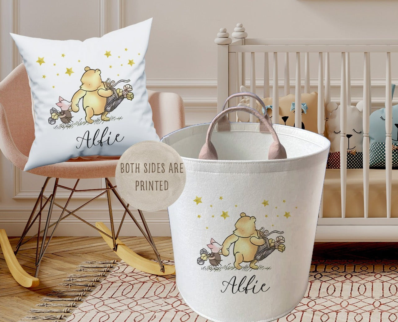 Personalised Kids Pooh and Pig Design Large Toy basket Gift Set With Wall Organiser