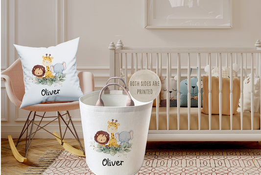 Personalised Safari Theme Large Toy basket Gift Set With Cushion