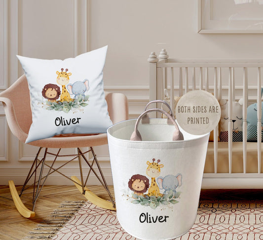 Personalised Safari Theme Large Toy basket Gift Set With Cushion