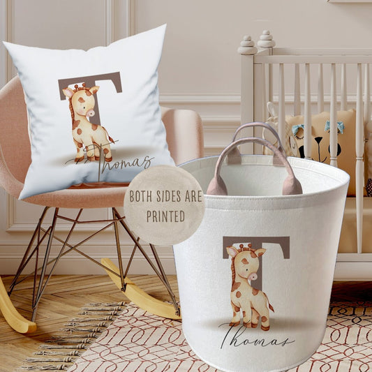 Personalised Kids Giraffe Design Large Toy basket Gift Set With Cushion