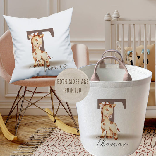 Personalised Kids Giraffe Design Large Toy basket Gift Set With Cushion