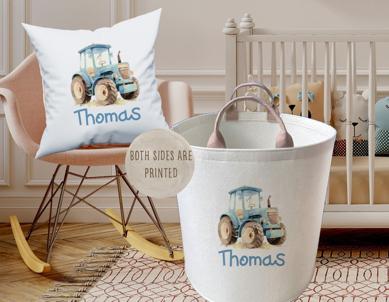 Personalised Tractor Design Large Toy basket Gift Set With Cushion