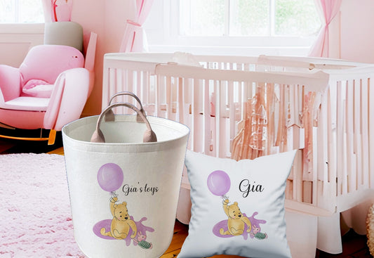 Personalised Pooh with Balloon Large Toy basket Gift Set With Cushion