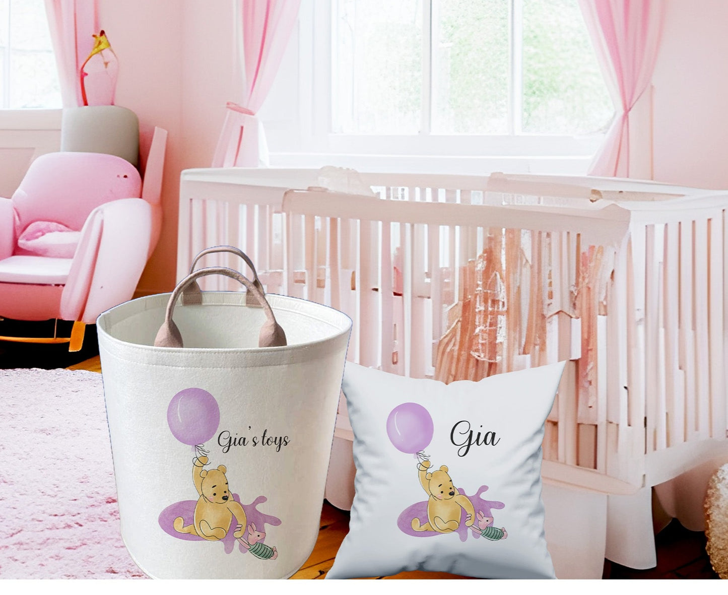 Personalised Pooh with Balloon Large Toy basket Gift Set With Cushion