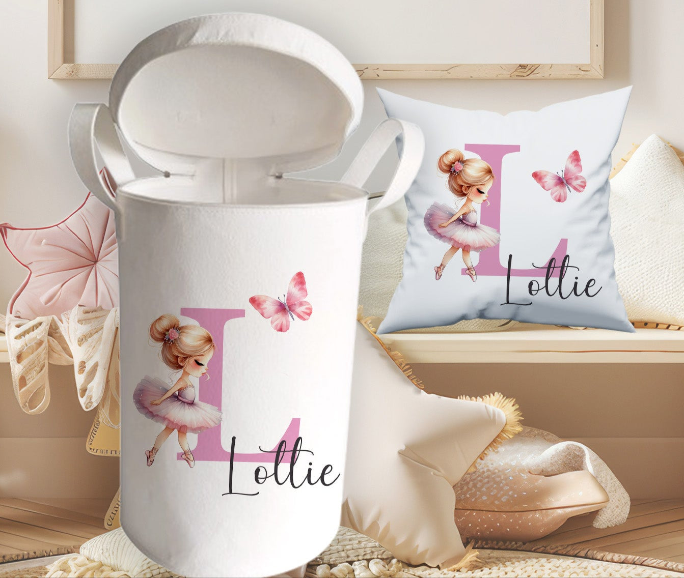 Personalised Ballerina Design Large Toy basket Gift Set With Cushion
