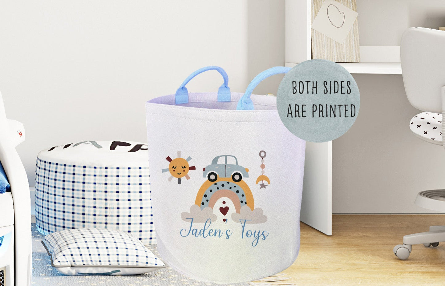 Personalised Boohoo Print Large Toy basket with blue handles  Gift Set With Cushion
