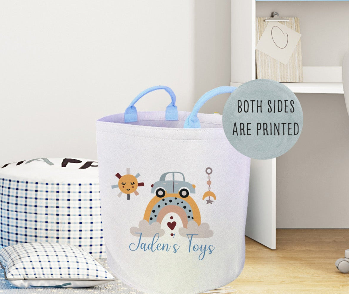 Personalised Boohoo Print Large Toy basket with blue handles  Gift Set With Cushion
