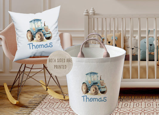 Personalised Tractor Design Large Toy basket Gift Set With Cushion