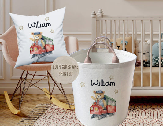 Personalised Train Theme  Large Toy basket Gift Set With Cushion