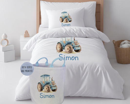 Tractor Farmer Boy - Personalised Duvet Cover Set with Toy basket