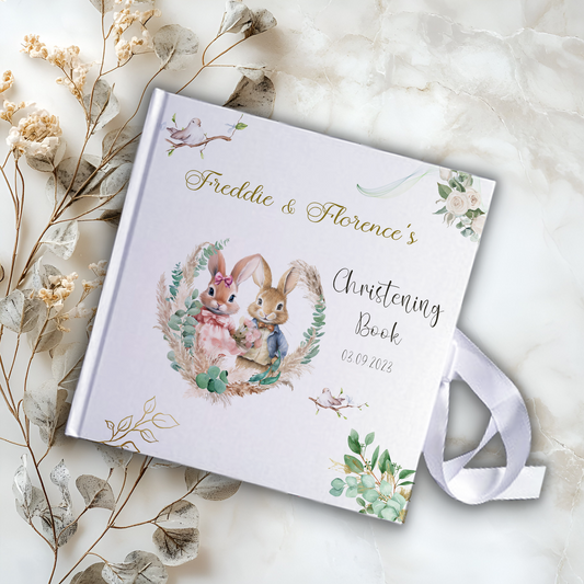 Twins Bunny Personalised Christening Guestbook with Ribbon