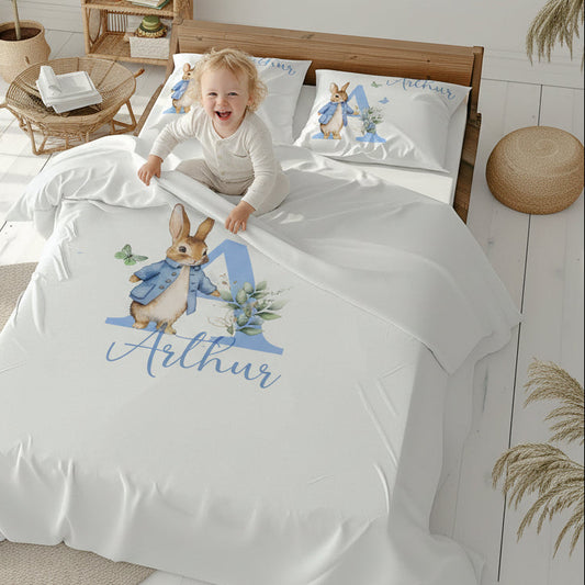 Blue Bunny Floral Letter - Personalised Duvet Cover Set