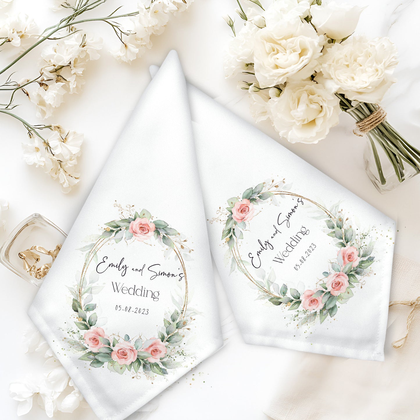 Customised Floral Wreath Mr and Mrs Elegant Wedding Napkin Set