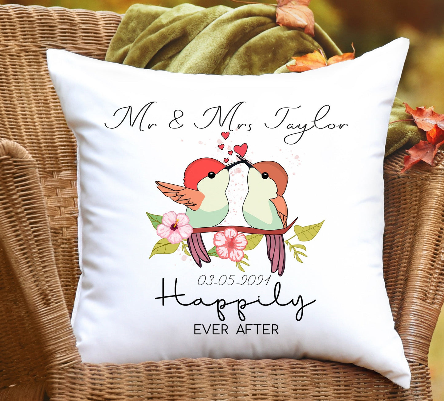 Personalised Birds Print Couple Wedding Floral Gift Cushion