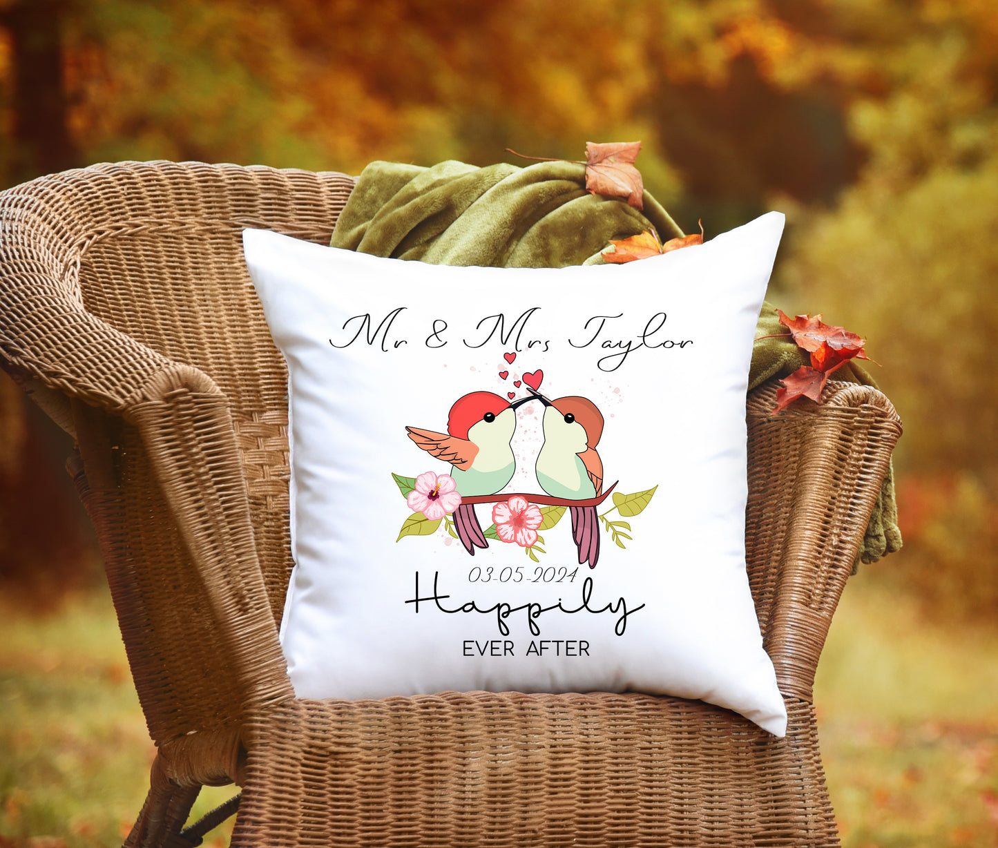 Personalised Birds Print Couple Wedding Floral Gift Cushion