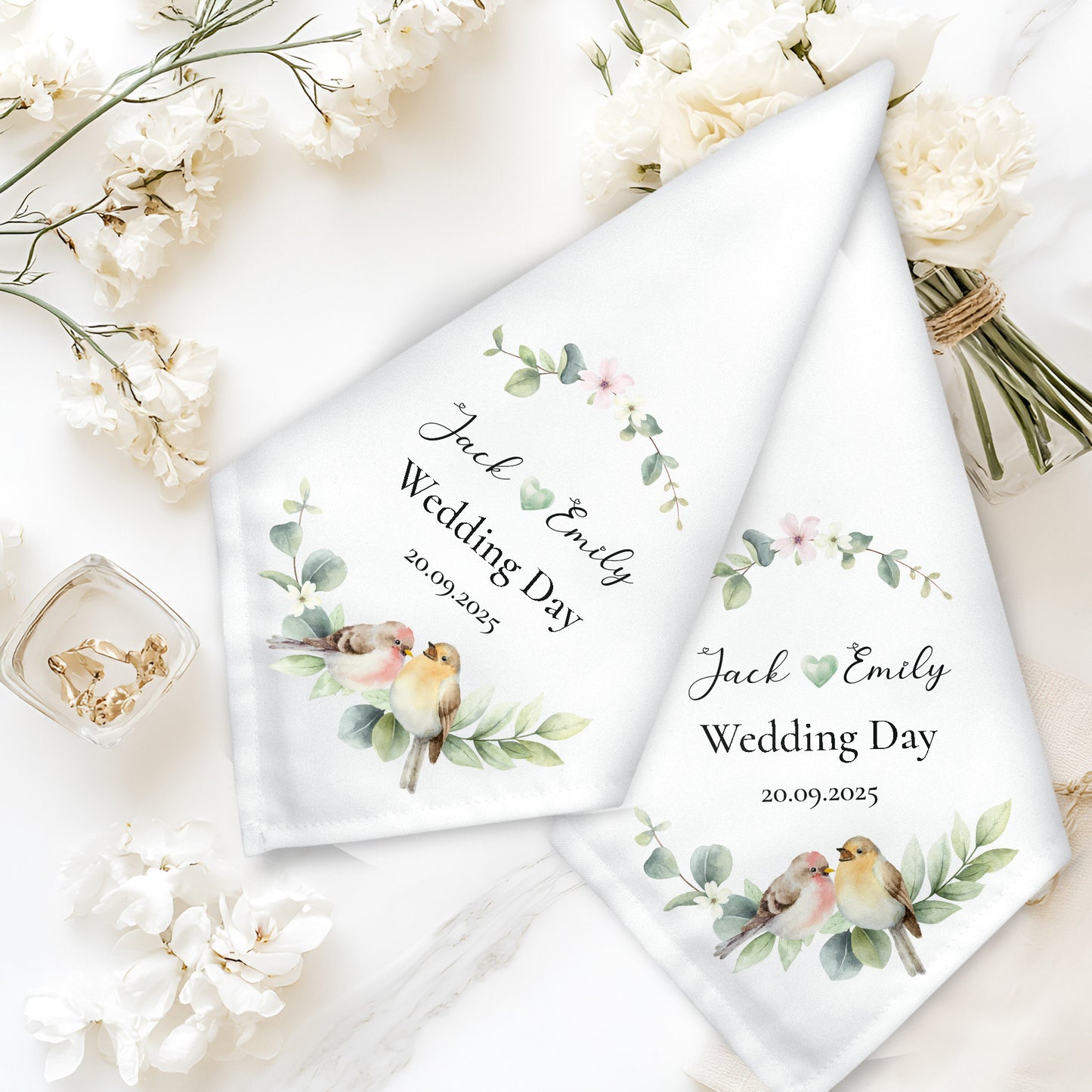 Personalised Bespoke Floral Bird Mr and Mrs Elegant Cute Bird Wedding Napkin Set
