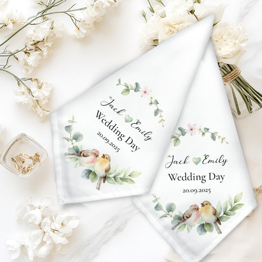 Personalised Bespoke Floral Bird Mr and Mrs Elegant Cute Bird Wedding Napkin Set