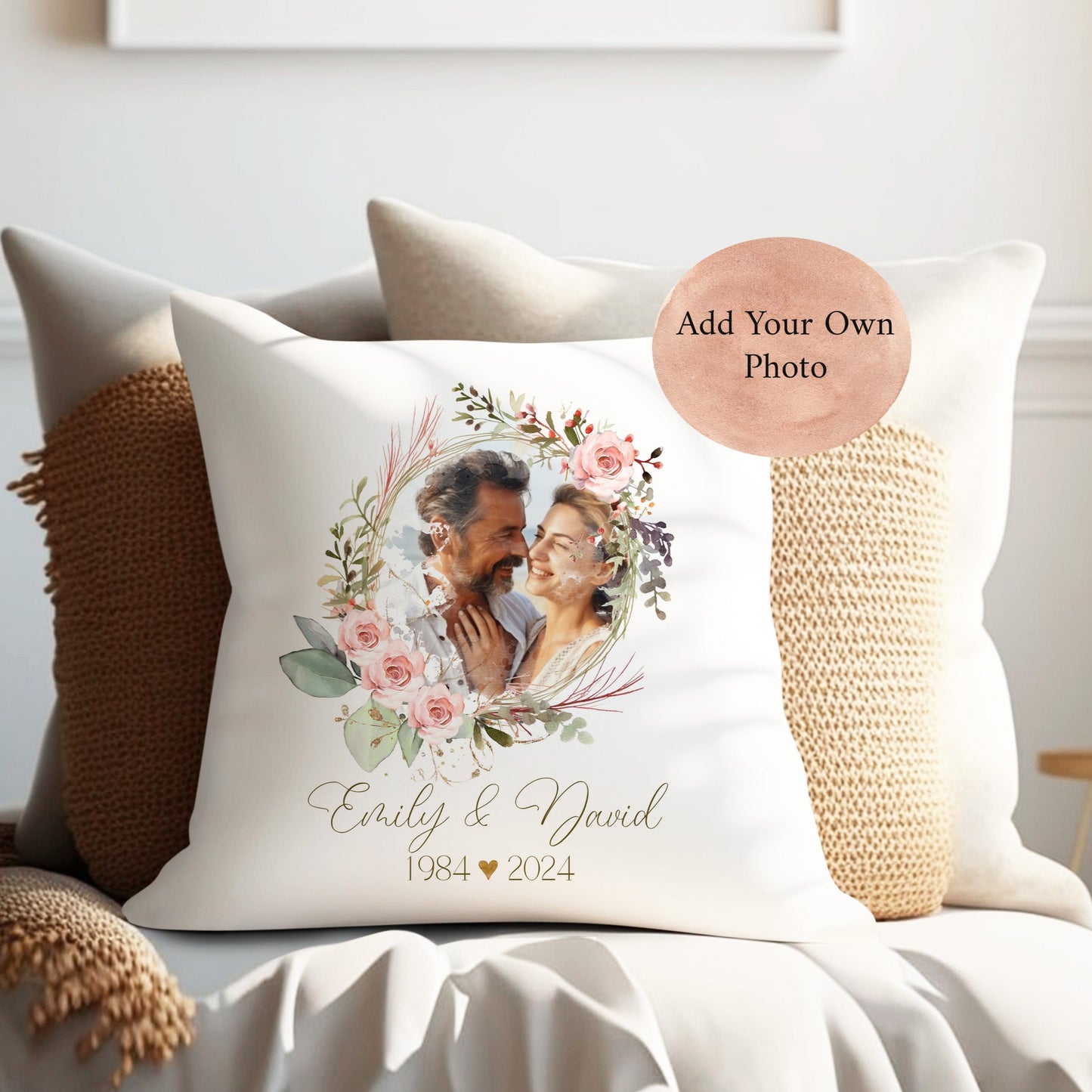 Anniversary Own Photo Personalised Floral Gift Cushion